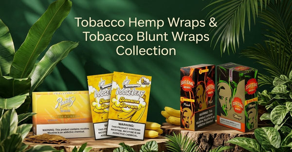 Runtz and Loose Leaf blunt wrap boxes displayed with natural leaf wraps among green palm leaves