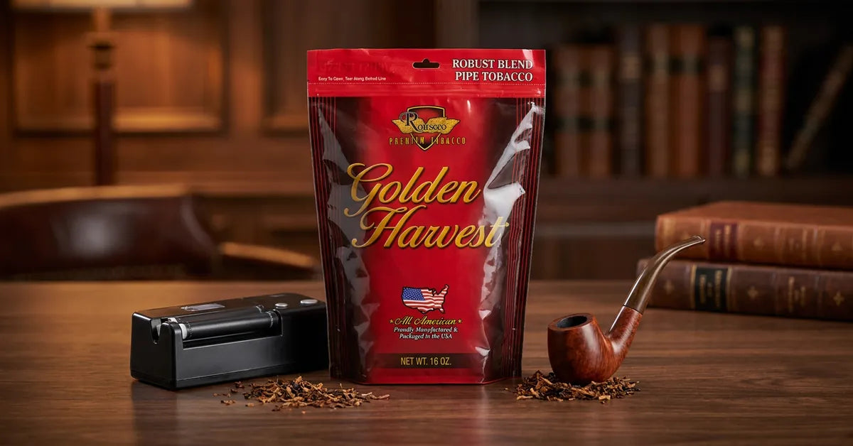 Golden Harvest tobacco bag with a pipe and rolling machine
