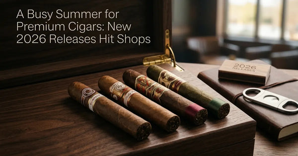 Close-up of premium cigars with decorative bands resting on a wooden surface.