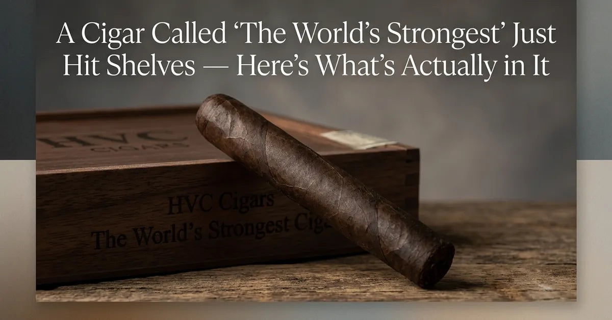 A premium Nicaraguan cigar resting next to its branded box labeled 'The World's Strongest Cigar'.