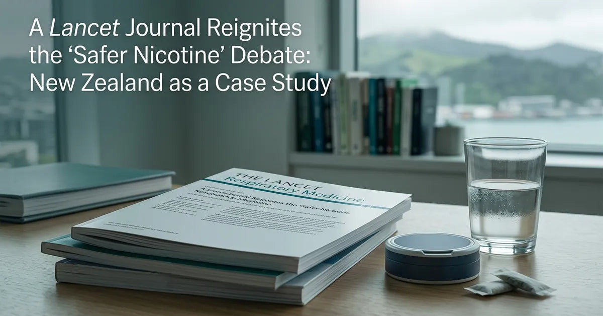 A scientific journal and nicotine pouch tin on a desk, representing tobacco harm reduction research.