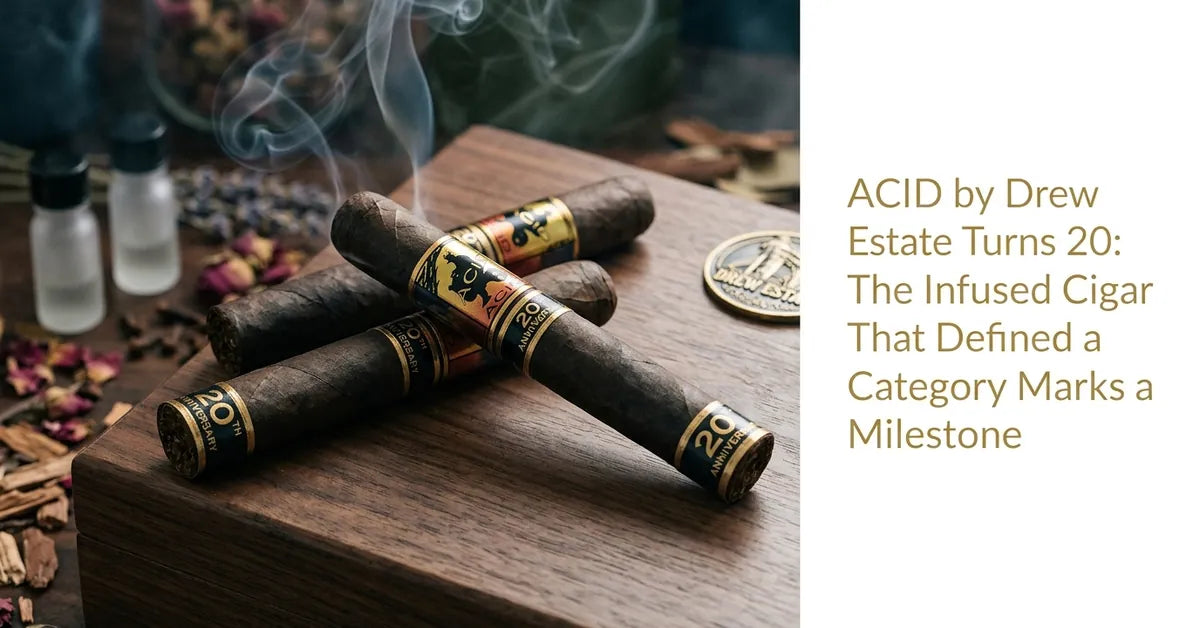 ACID 20th Anniversary cigar by Drew Estate resting on a wooden surface with botanical accents.