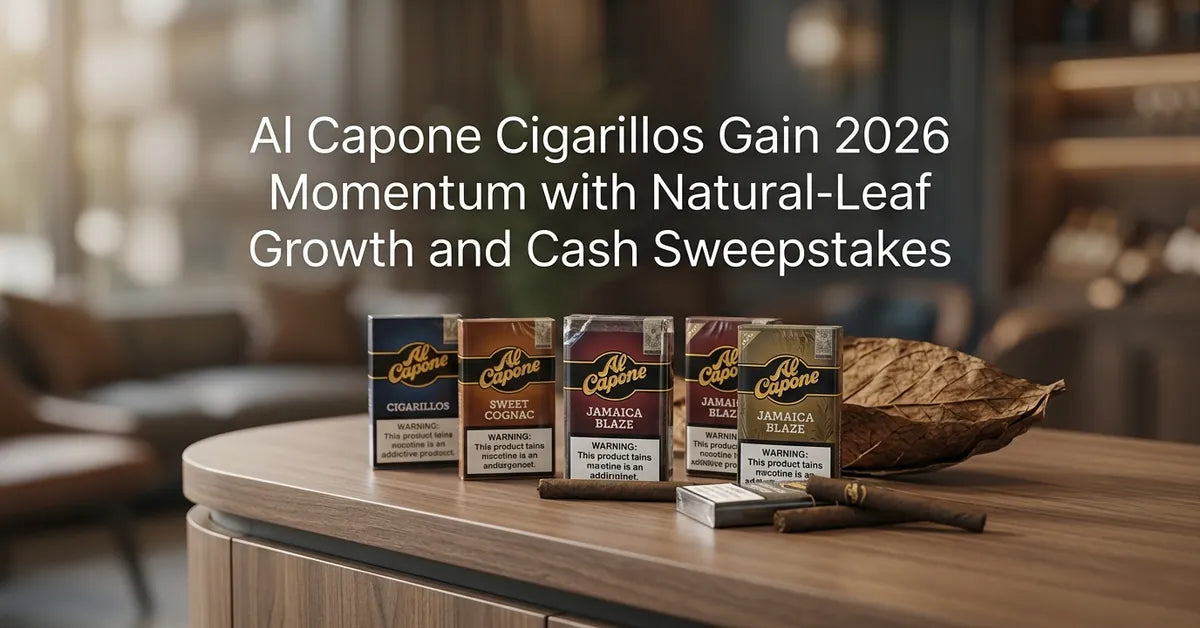 A variety of Al Capone cigarillo packs and natural leaf wraps displayed on a wooden surface.