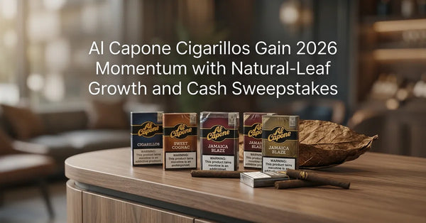A variety of Al Capone cigarillo packs and natural leaf wraps displayed on a wooden surface.