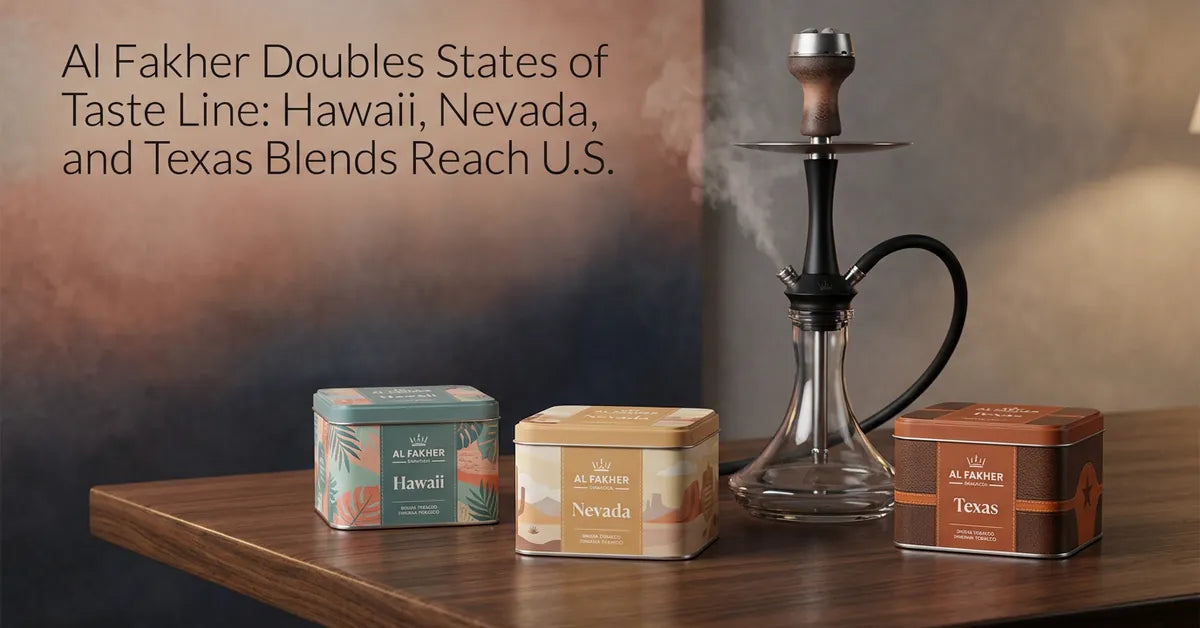 Three new Al Fakher States of Taste shisha tobacco packs featuring Hawaii, Nevada, and Texas themes.
