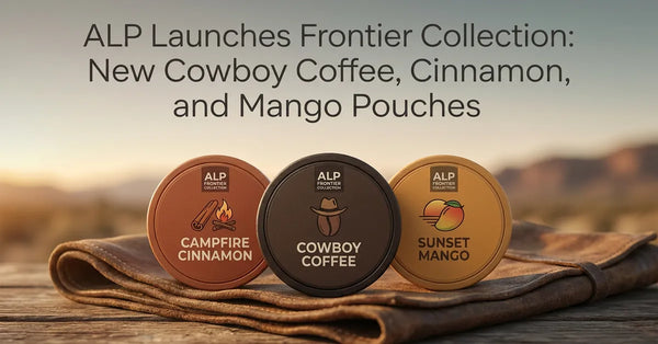 Three ALP Frontier Collection nicotine pouch tins resting on a leather saddle against a Western sunset background.