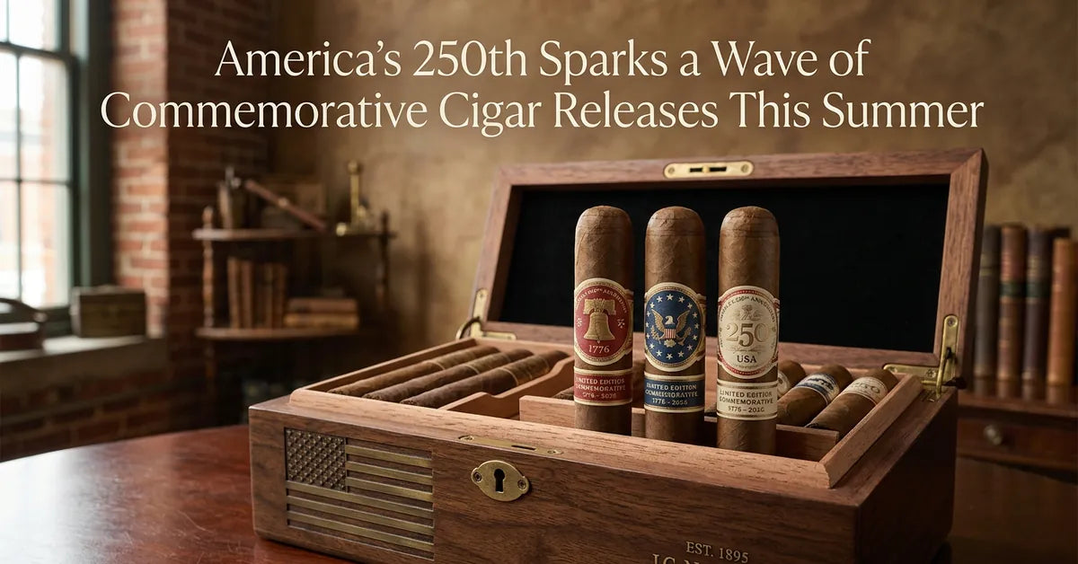 Luxury American-themed cigar humidor and premium cigars with patriotic anniversary bands.