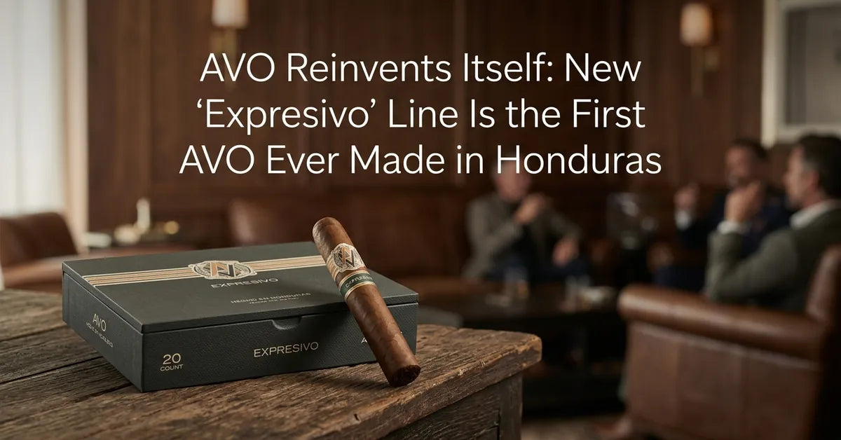 The new AVO Expresivo cigar and its updated 20-count box packaging, featuring the brand's 2026 refreshed identity.