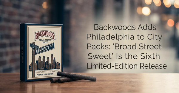 Backwoods Broad Street Sweet Philadelphia limited edition cigar box featuring blue branding and Philly-themed design.