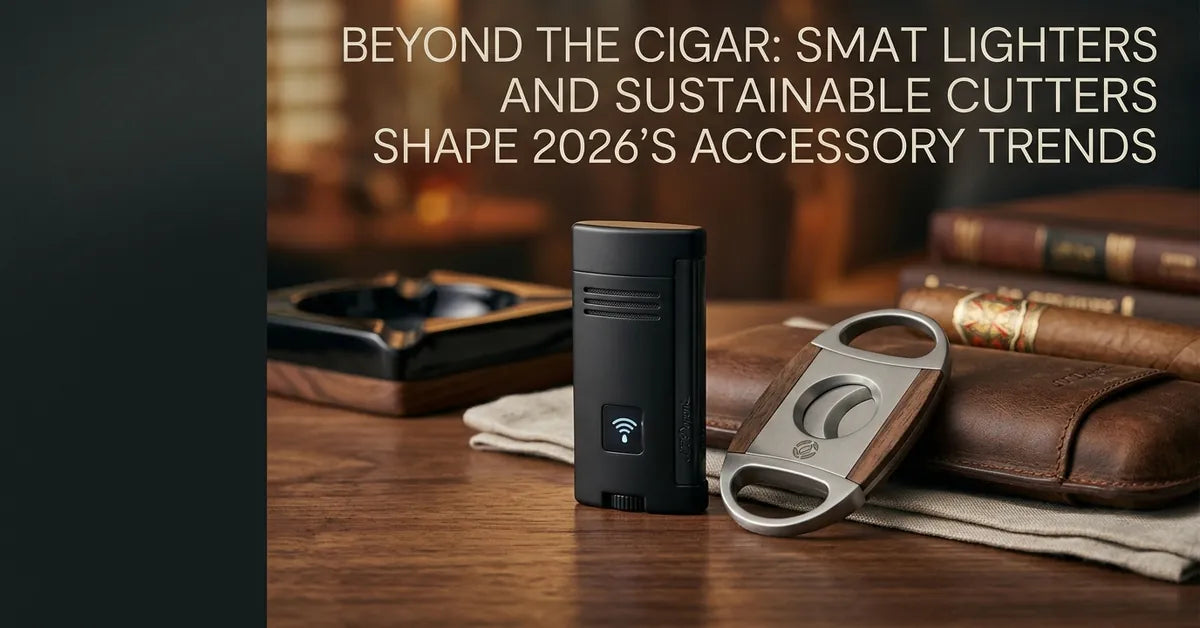 A modern matte black triple-flame torch lighter and a stainless steel V-cutter on a wooden surface.