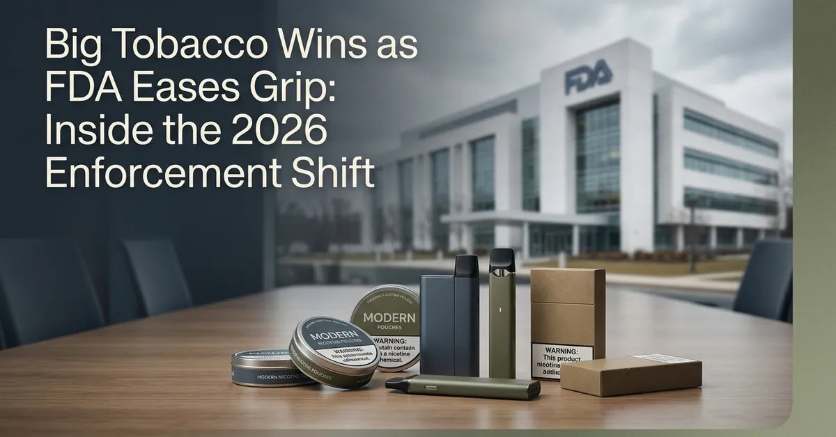 The FDA headquarters building blurred in the background with modern nicotine products in the foreground.