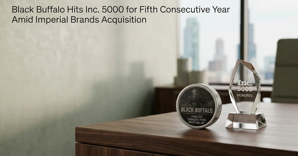 Black Buffalo nicotine pouch tin next to an Inc. 5000 award on a desk.