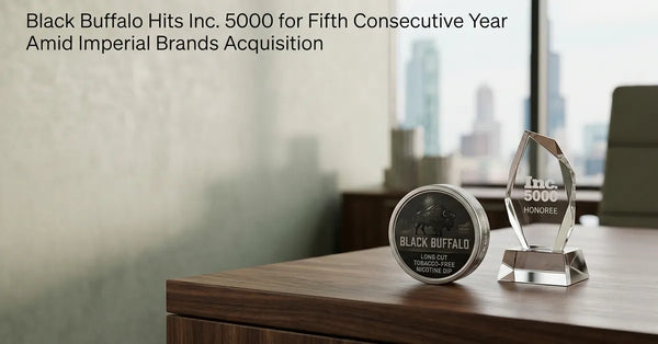 Black Buffalo nicotine pouch tin next to an Inc. 5000 award on a desk.