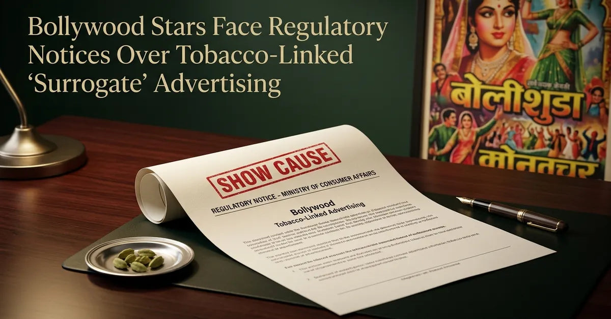 A legal notice and cardamom seeds representing the regulatory action against Bollywood stars for surrogate tobacco ads.