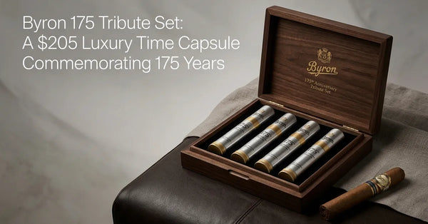 The Byron 175 Tribute Set featuring four luxury cigars in aluminum tubes within a wooden presentation box.
