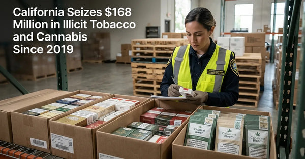 California tax investigators inspecting seized tobacco and cannabis products in a warehouse.