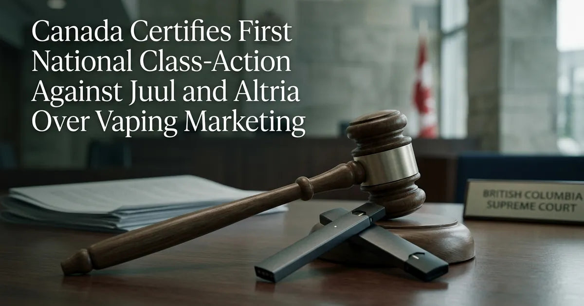 A gavel on a wooden bench in front of a Canadian courthouse, symbolizing the certification of the Juul class-action lawsuit.