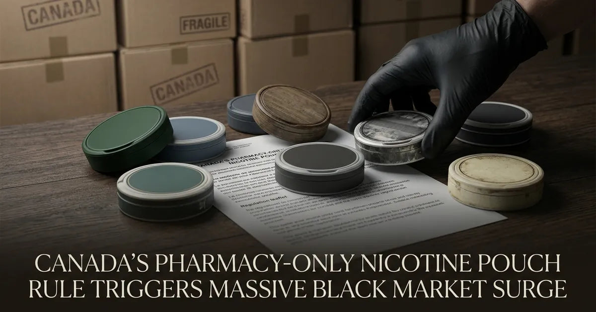 Border agents inspecting a large shipment of contraband nicotine pouches at a shipping terminal.