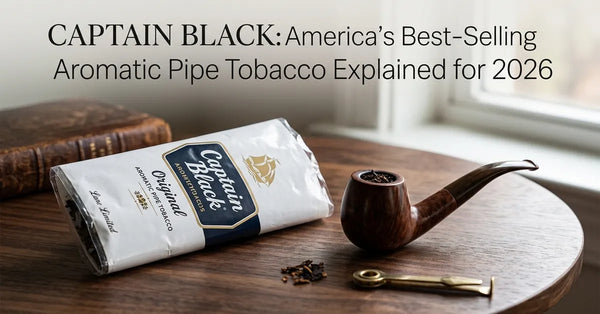 A pouch of Captain Black Original pipe tobacco and a briar pipe on a wooden surface.