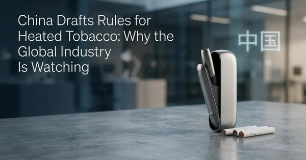A modern heated tobacco device and tobacco sticks representing new regulatory standards.