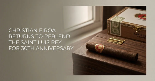 Saint Luis Rey Eiroa 30th Anniversary cigar resting on a wooden cabinet box.