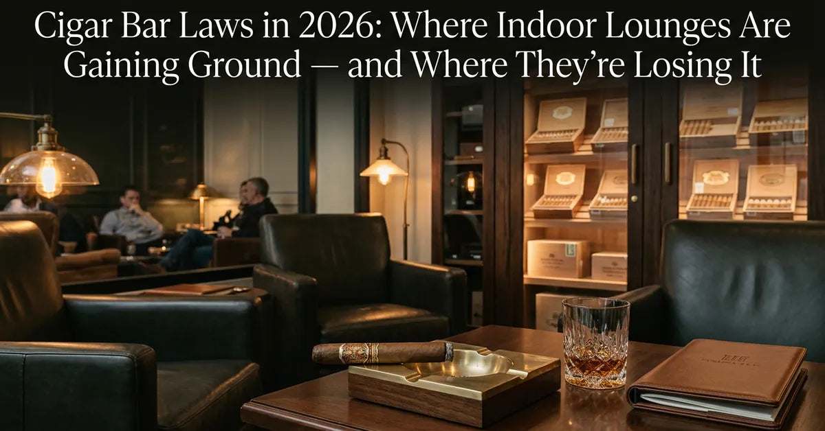 A luxury indoor cigar lounge with leather seating and a humidor.