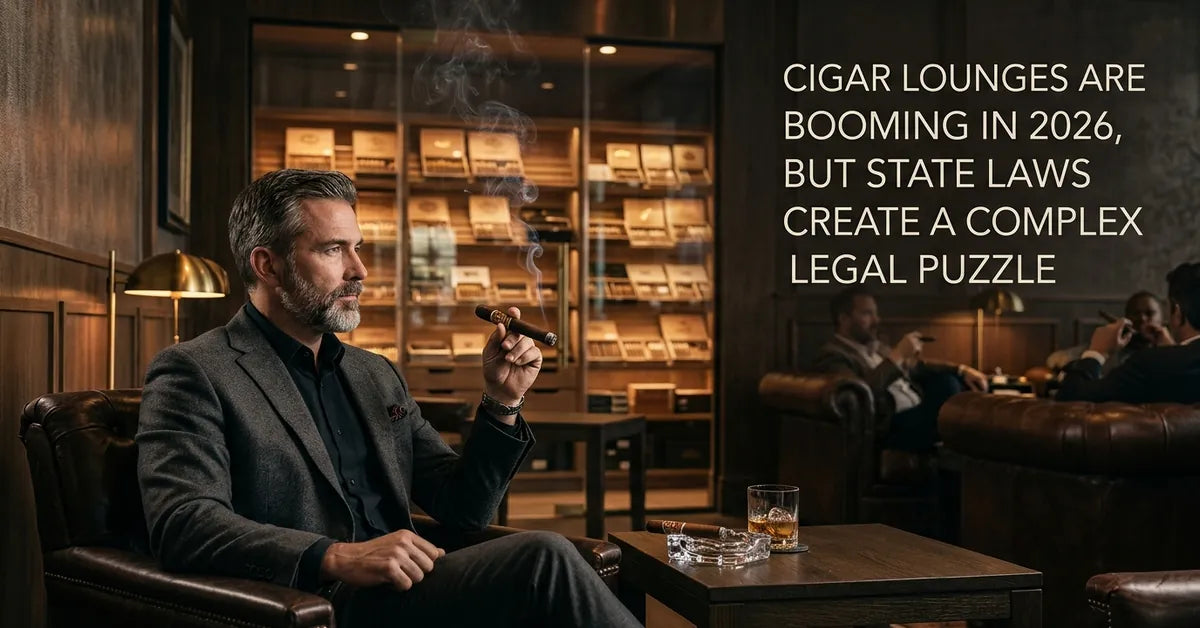A luxurious modern cigar lounge with leather chairs and a glass humidor.