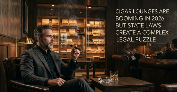 A luxurious modern cigar lounge with leather chairs and a glass humidor.