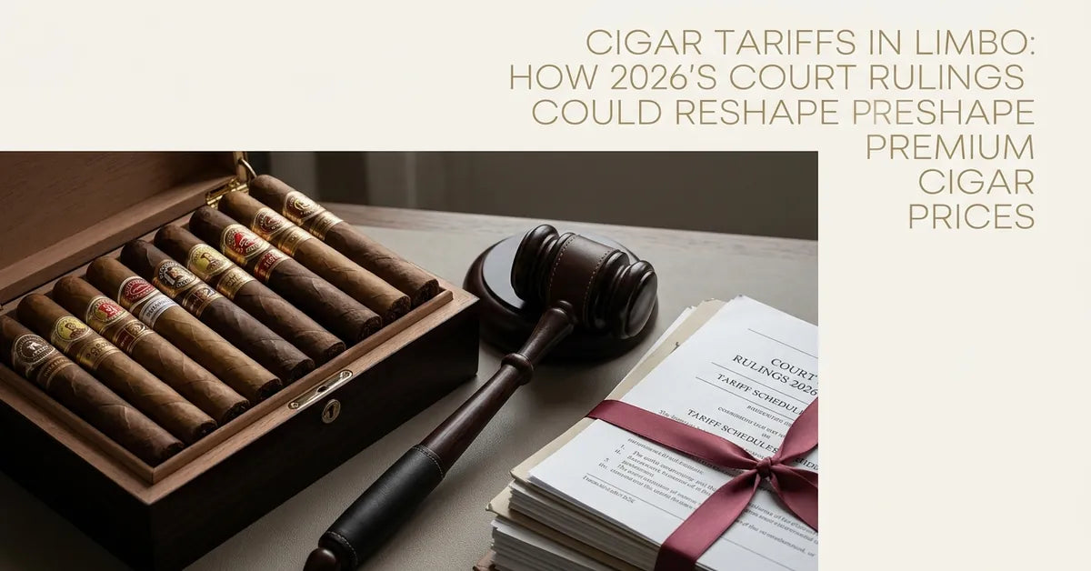 Premium cigars resting on a humidor next to a judge's gavel, symbolizing the legal battle over tobacco tariffs.