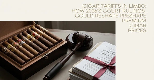 Premium cigars resting on a humidor next to a judge's gavel, symbolizing the legal battle over tobacco tariffs.