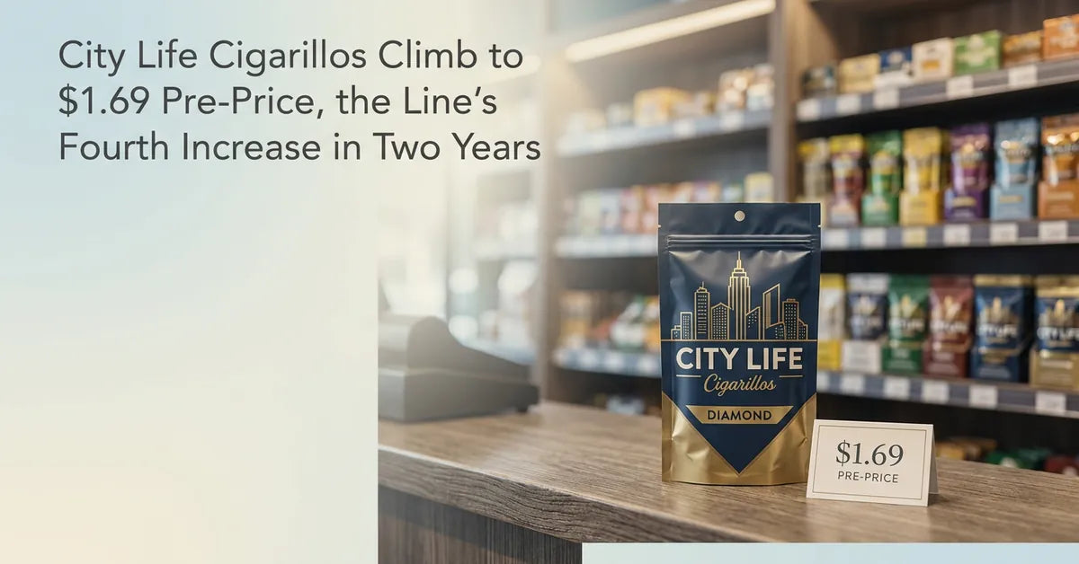Close-up of a City Life Diamond cigarillo pouch showing the new 5 for $1.69 pre-price printed on the packaging.