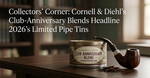 A premium pipe tobacco tin and a briar pipe on a wooden table in a dimly lit study.