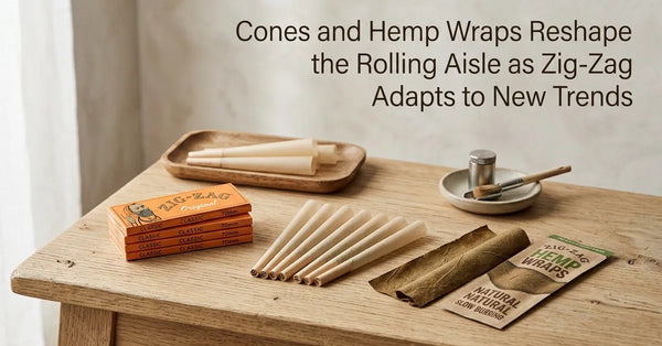 A collection of Zig-Zag rolling papers, pre-rolled cones, and hemp wraps displayed on a wooden table.