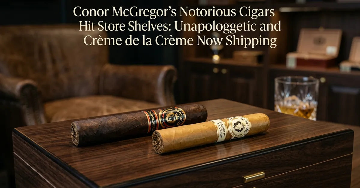 Two premium Notorious Cigars, the Unapologetic and Crème de la Crème, resting on a wooden humidor.