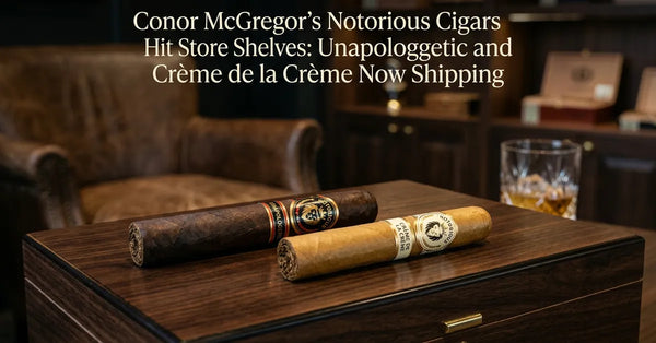 Two premium Notorious Cigars, the Unapologetic and Crème de la Crème, resting on a wooden humidor.