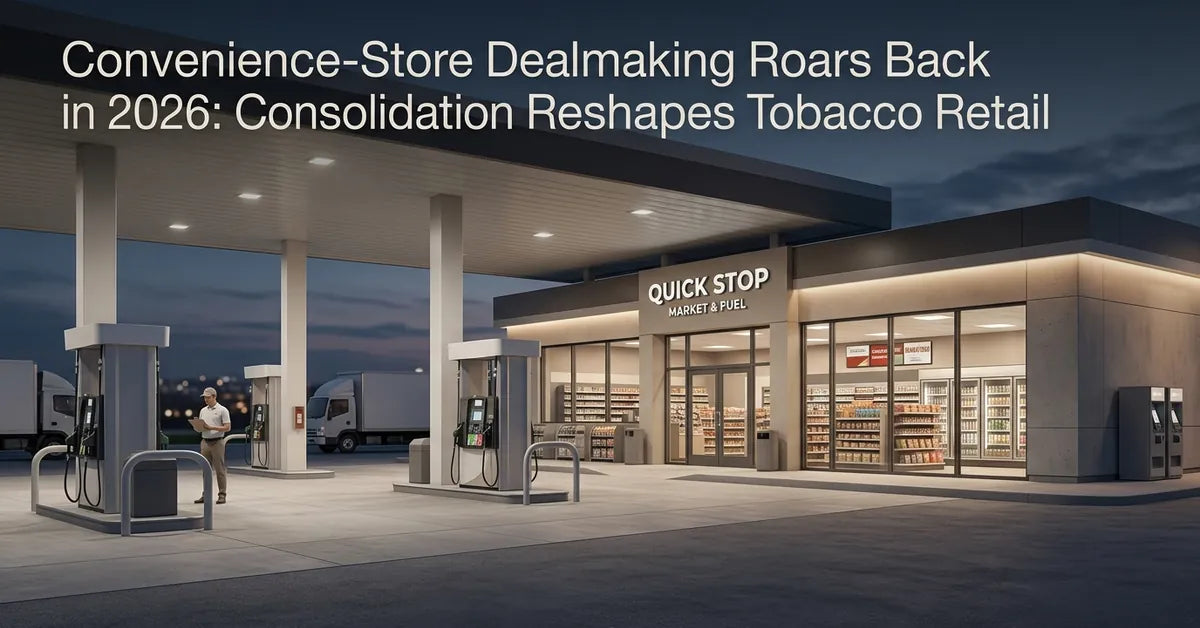 A modern convenience store and gas station at dusk representing the corporate consolidation of the retail industry.