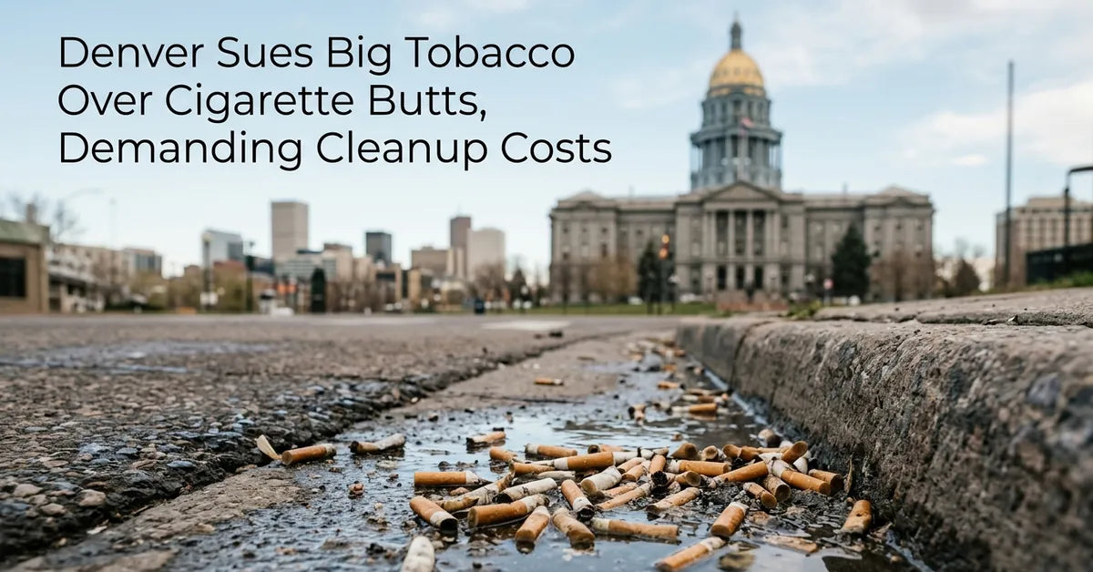 Discarded cigarette butts in a Denver street gutter with the city skyline in the background.