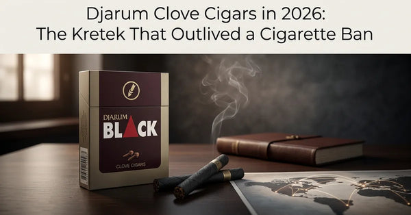 Djarum Black clove cigars on a wooden surface with a map in the background, symbolizing regional availability.