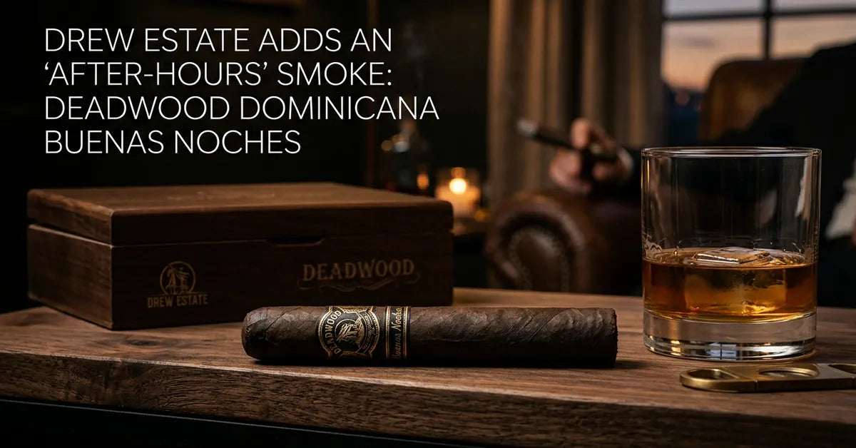 A dark Deadwood Dominicana Buenas Noches cigar resting on a wooden surface in a dimly lit setting.
