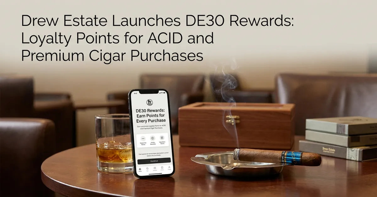 A smartphone showing a cigar loyalty app next to a premium ACID cigar and a humidor in a luxury lounge setting.