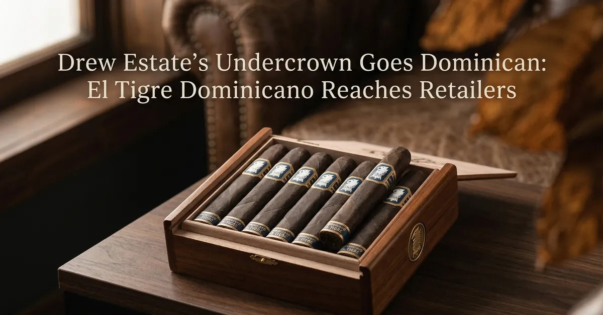 A 20-count box of Drew Estate Undercrown El Tigre Dominicano cigars showing the soft box-pressed vitolas and elegant bands.