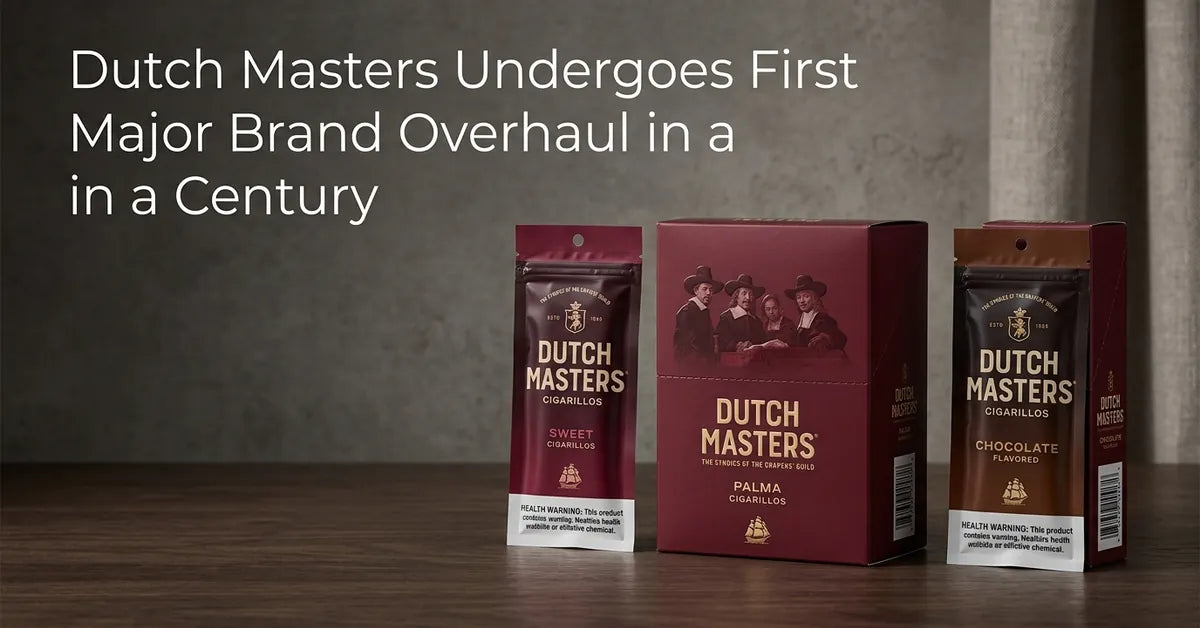New Dutch Masters cigarillo packaging featuring the iconic Rembrandt logo and 'Crafted to Burn Slow' text.