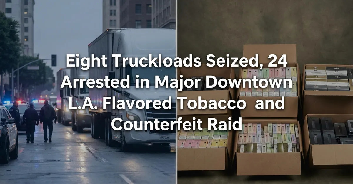 Law enforcement loading seized goods into tractor-trailers during a major raid in downtown Los Angeles.