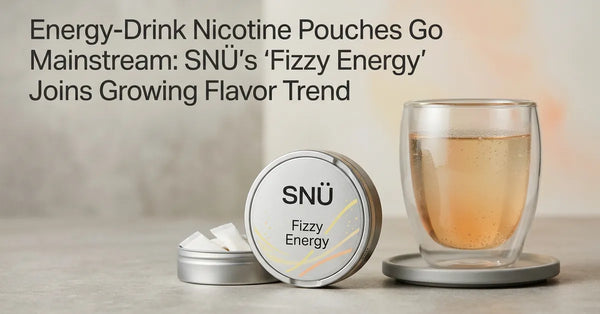 A nicotine pouch tin with energy drink branding next to a fizzy tropical beverage.