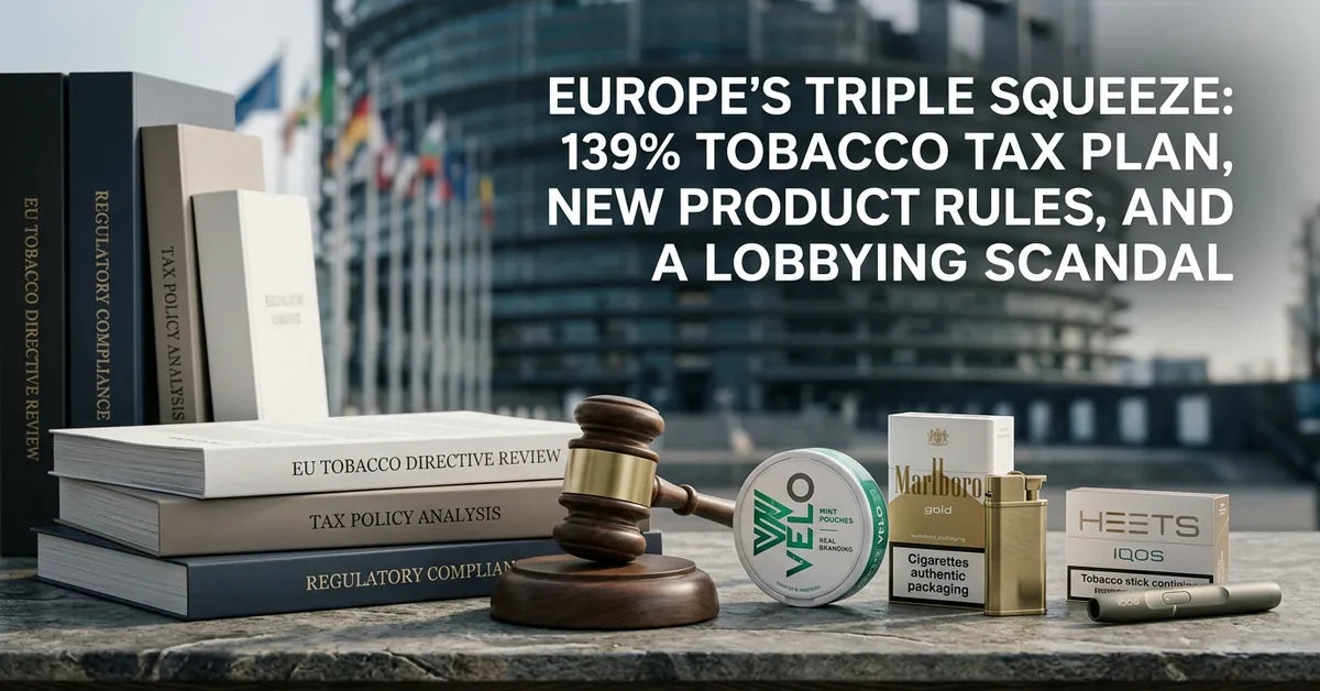 The European Parliament building in Brussels with a conceptual overlay representing rising tobacco taxes and regulation.