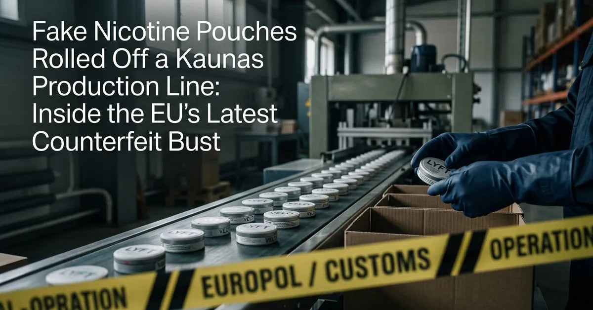 Seized counterfeit nicotine pouch production equipment and packaging in a warehouse setting.