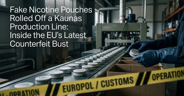 Seized counterfeit nicotine pouch production equipment and packaging in a warehouse setting.