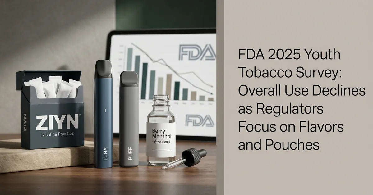 FDA building and digital data charts representing the 2025 National Youth Tobacco Survey results.