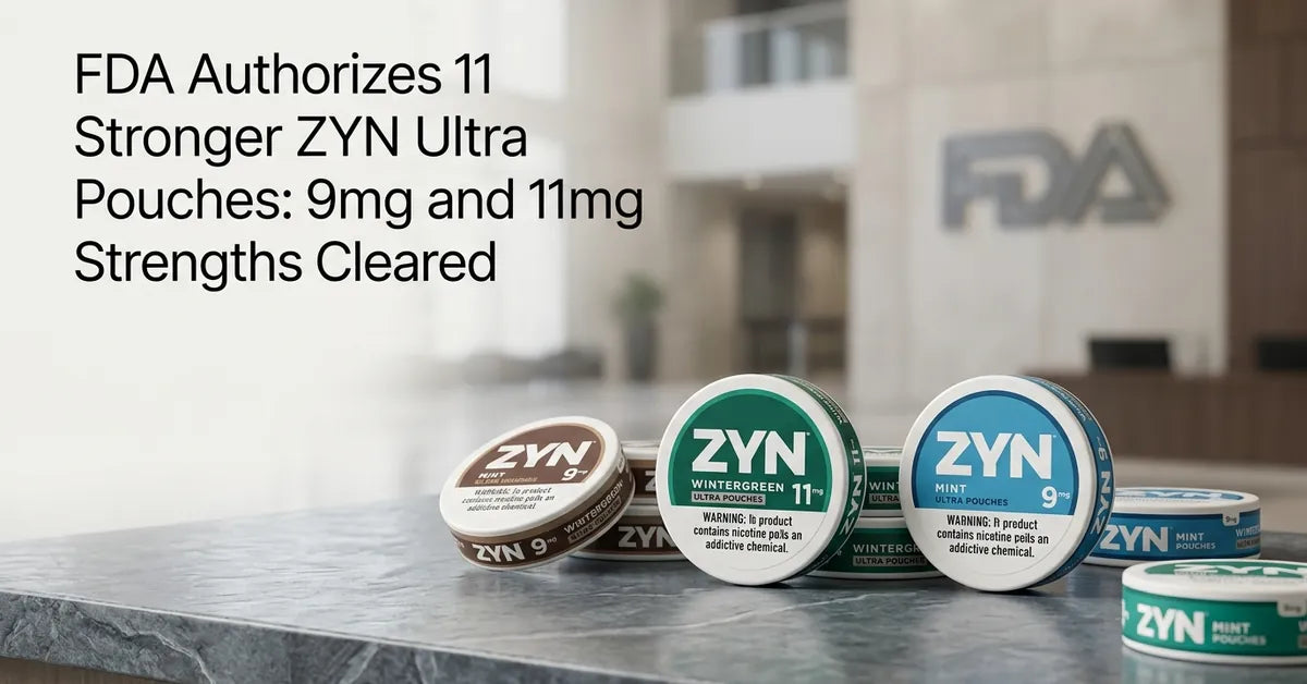 Collection of ZYN nicotine pouch cans representing the newly authorized 9mg and 11mg Ultra strengths.