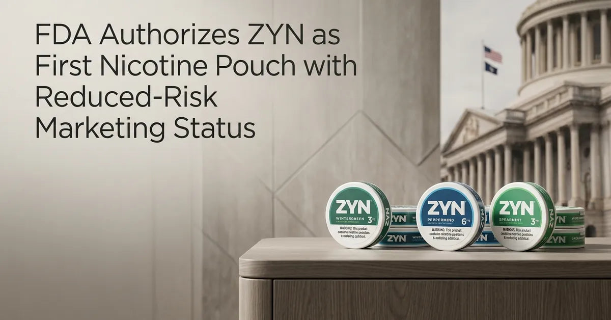 Assorted ZYN nicotine pouch cans representing the 20 products authorized by the FDA for modified risk claims.